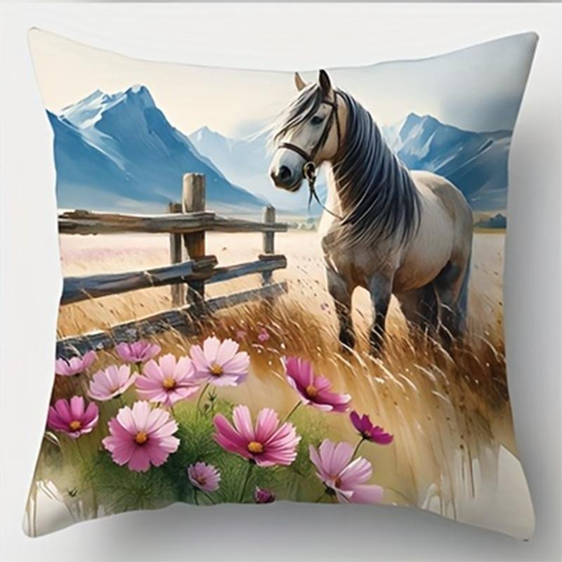 Art Horse Single-sided Printed Pillowcase, Sofa Living Room Elegant Cushion Cover, Bedroom Bedside Decorative Pillow Cover