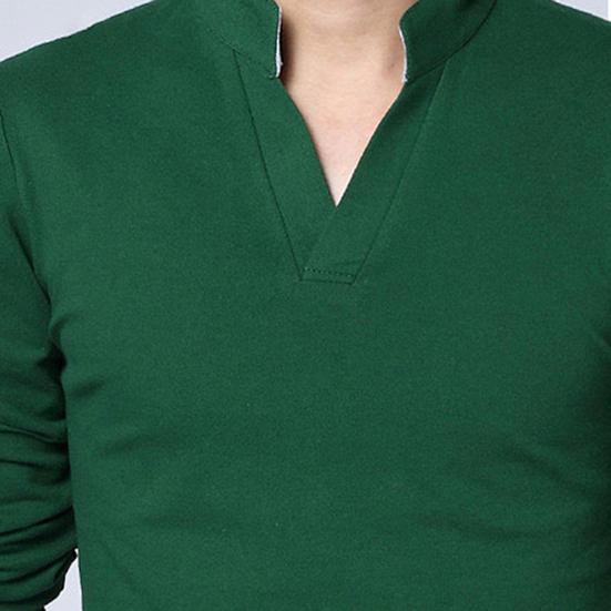 Men T-shirt Solid Color Long Sleeve V Neck Slim Pullover Top for Spring