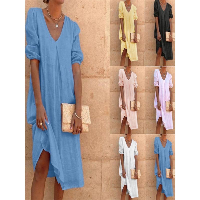 Solid Color V-neck Short Sleeve Dress Women Solid Color and V-neck Short Sleeve Dress