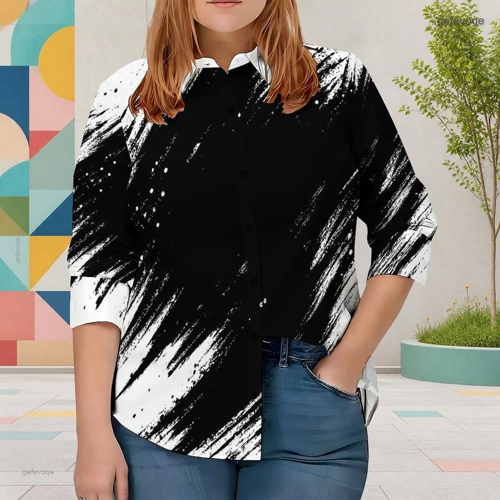 Women Plus Size Collared Neck Long Sleeve Black White Printed Button Front Curved Hem Shirt