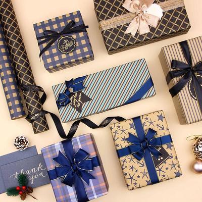 Blue Plaid Retro Kraft Wrapping Paper for Men's Valentine's Day & Birthday Gifts