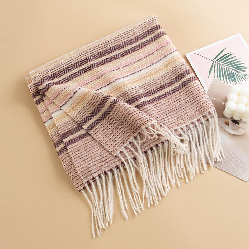 Japanese and Korean Colored Striped Imitation Cashmere Tassel Scarf for Women High End Contrast Color Versatile Thickened Warm Scarf