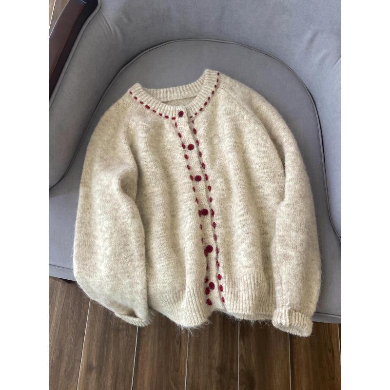 

Retro contrasting color knitted sweater women s autumn and winter lazy feeling loose design sense casual single-breasted jacket L абрикосовий