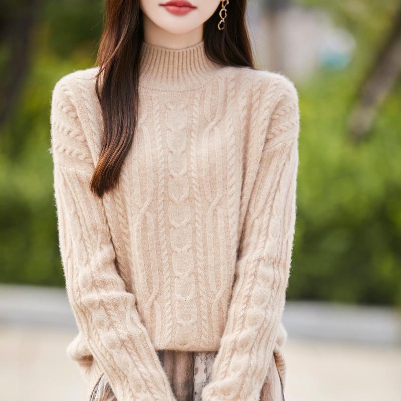 Autumn 100% Pure Wool Cable Knit Half-High Neck Sweater - Solid Color, Loose Fit