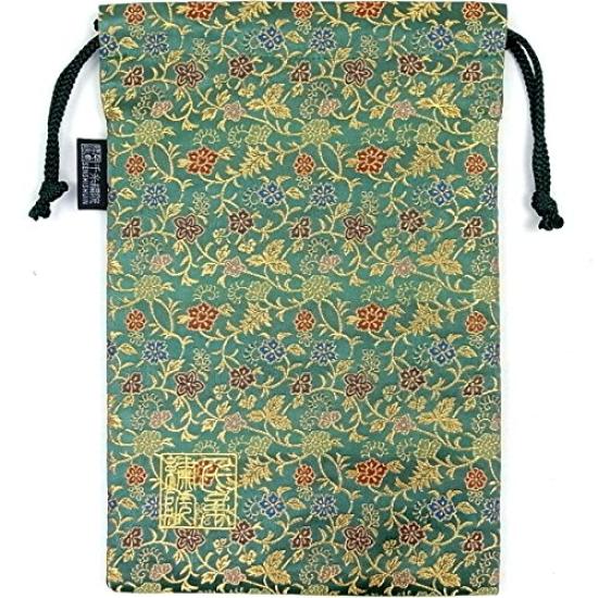 Senshishuin Nishijin Brocade Drawstring Bag Chinese Flowers and Large Size (Lined) - Grass/Green,