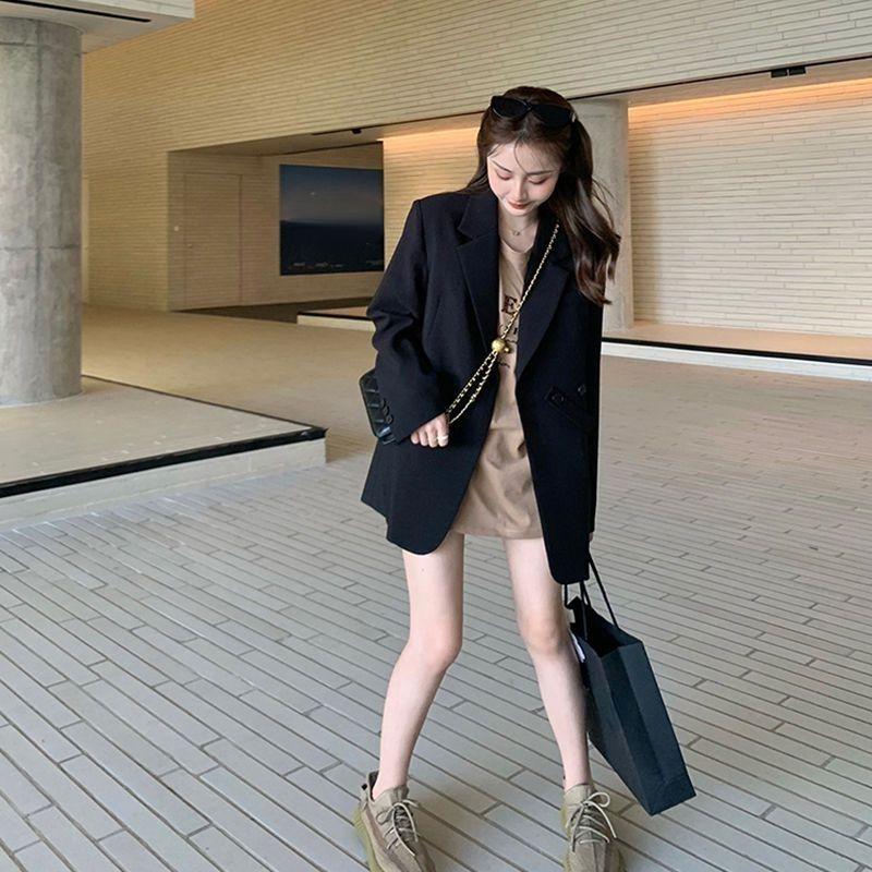 Fashion Krean Loose Green Blazer for Women with Belt Buttons Loose Black Coat