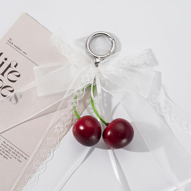 Phone Charms Ribbon Bow Keychain Mesh Leopard Pattern Cherry Pendant Bowknot Heart Keychains Pearl Bow Pendant Women Girls