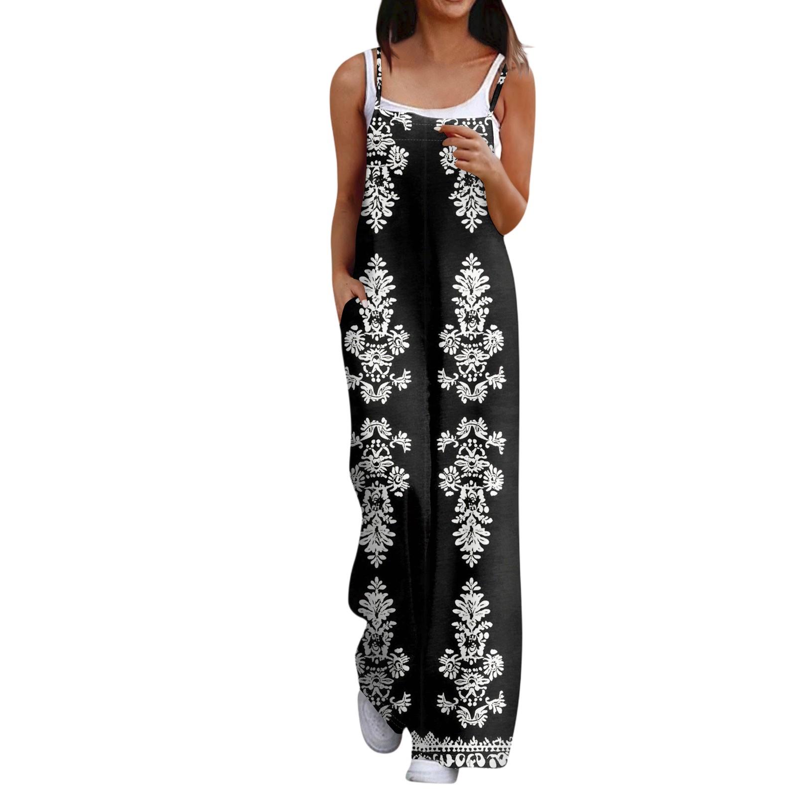

Широкий комбинезон для женщин, повседневный свободный комбинезон без рукавов с принтом и пуговицами, длинные брюки, комбинезон с карманами L чёрный