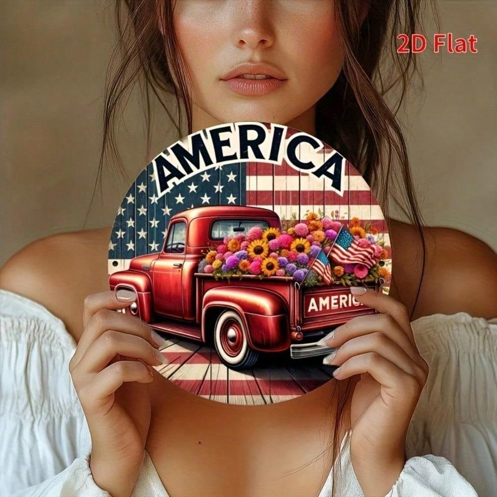 1pc Patriotic Red Truck Metal Sign with Floral Wreath, Round Wall Decor for Home Patio Garage Bar