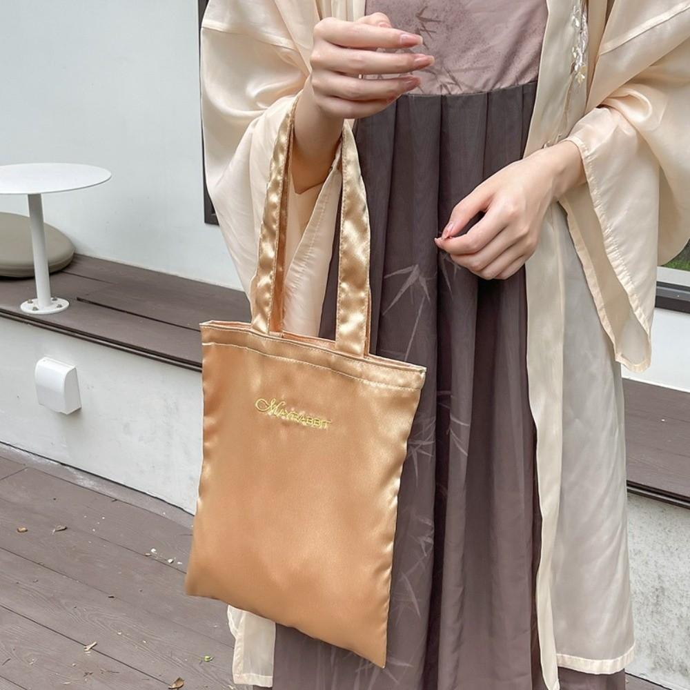 

Elegant Satin Silk Tote Bag Letter Embroidery Simple Underarm Handbag Canvas Shoulder Bag Gift