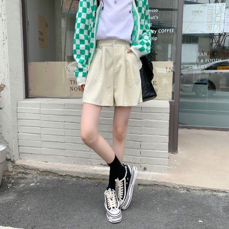 Corduroy Shorts for Women Autumn Winter Vintage Style Clothing Solid Wide-leg Shorts Casual Elastic Waist A-line Pants
