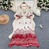 Bohemian vacation dress women's summer literary retro waist V-neck short-sleeved printed long dress