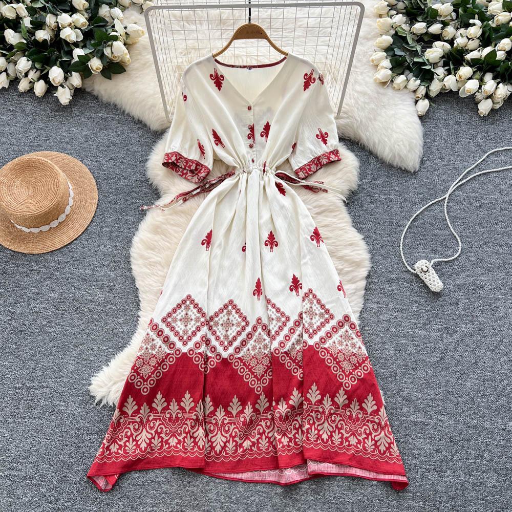 Bohemian vacation dress women's summer literary retro waist V-neck short-sleeved printed long dress