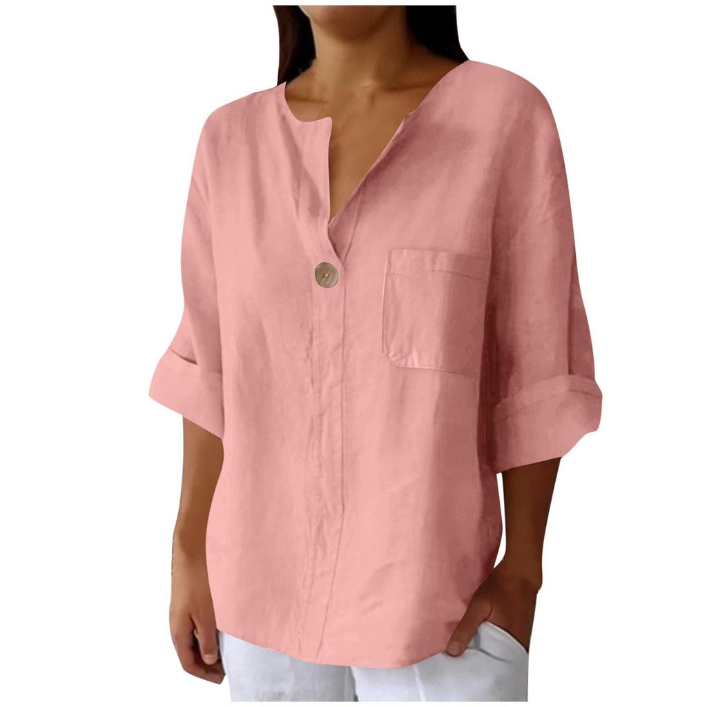 Women's 2025 Summer V-Neck Cotton Linen Button T-Shirt: Loose Fit