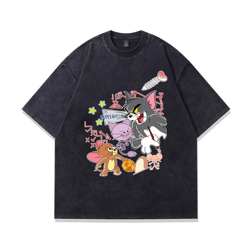 Heavy Cotton Washed Short-Sleeved T-Shirt American Retro Trendy Cartoon Printed Vintage Half-Sleeved Top