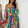 Suer evening dress printed dress one-word shoulder pullover retro long-sleeved big swing split dress