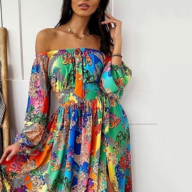 Suer evening dress printed dress one-word shoulder pullover retro long-sleeved big swing split dress