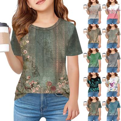 Çocuklar Katlama T-shirt Kız Yaz Modası Yuvarlak Yaka Baskılı Çiçek Ceket Kısa Kollu
