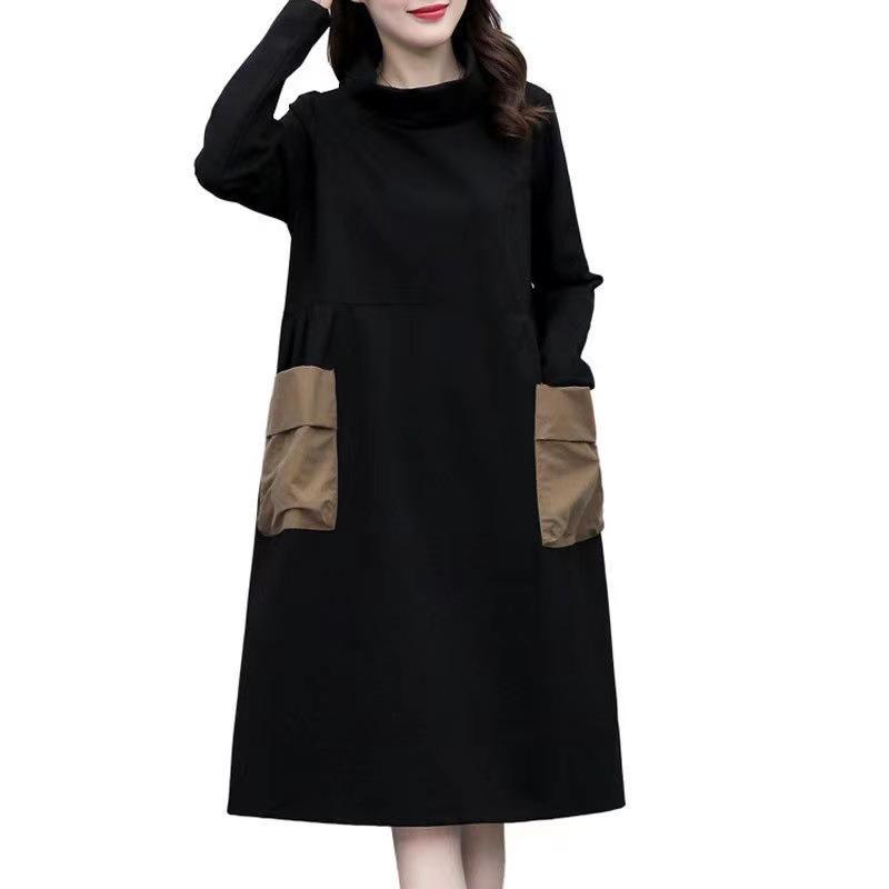 Damen Patchwork Colorblock A-Linien Kleid mit großen Taschen - Frühling/Herbst Knielang