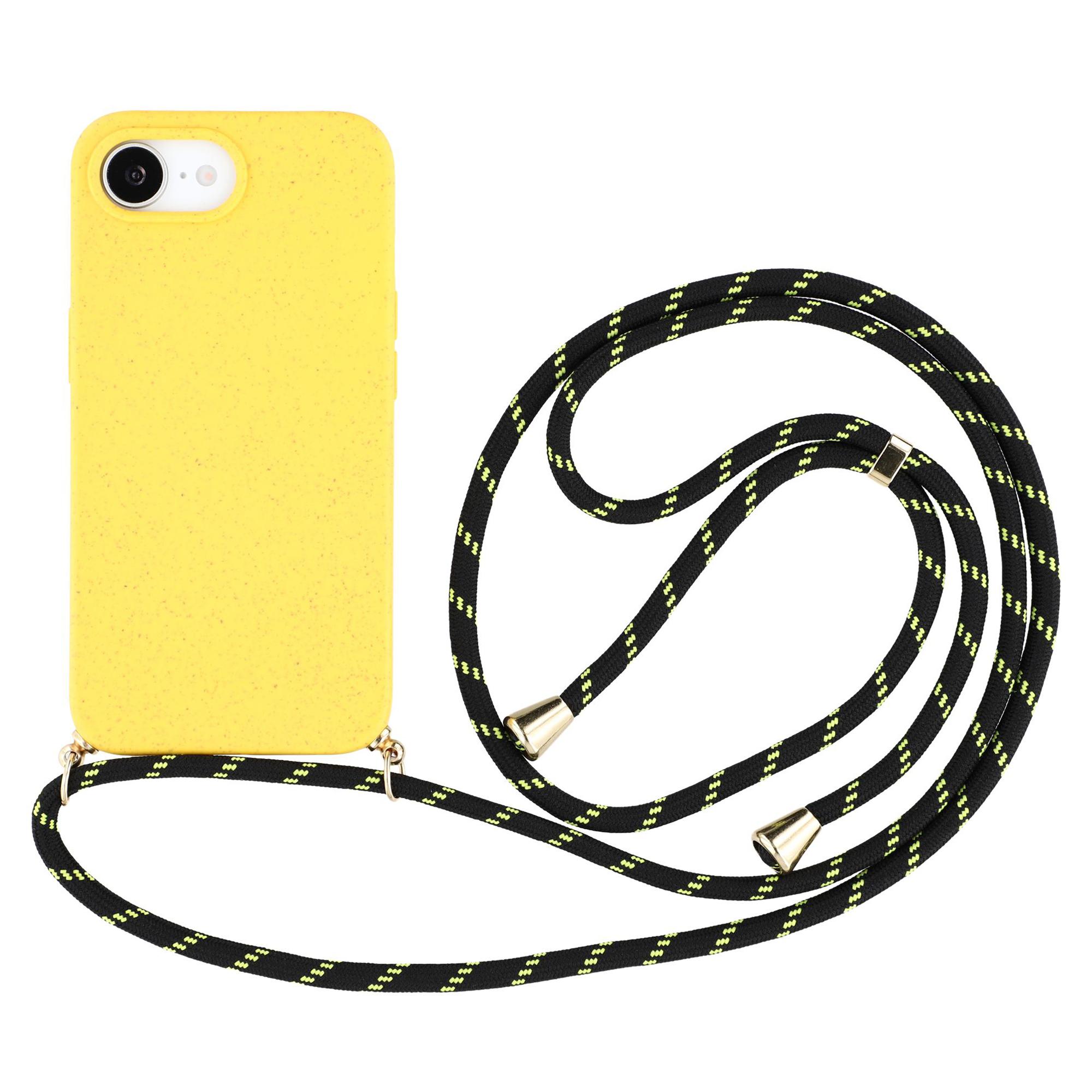 

For iPhone 16e Case Biodegradable Wheat Straw+TPU Phone Cover with Long Lanyard Yellow