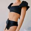 Women Swimsuit Split Beachwear Twopiece Puff Sleeve Bandeau Top Briefs Swimming Suit Beachwear Bikini Outfit Swimwear