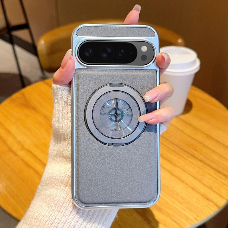 For Google Pixel 9 Pro XL Magnetic Case Rotating Kickstand Gear Stress Relief Leather Phone Back Cover