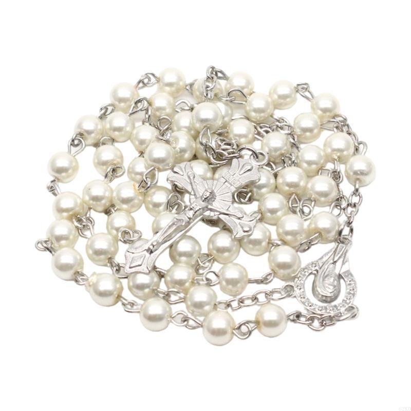 62KD 6mm Pearl Rosary Necklaces Bead Chain Pendant Ornaments for Home Church Yoga Room Decorations Gift