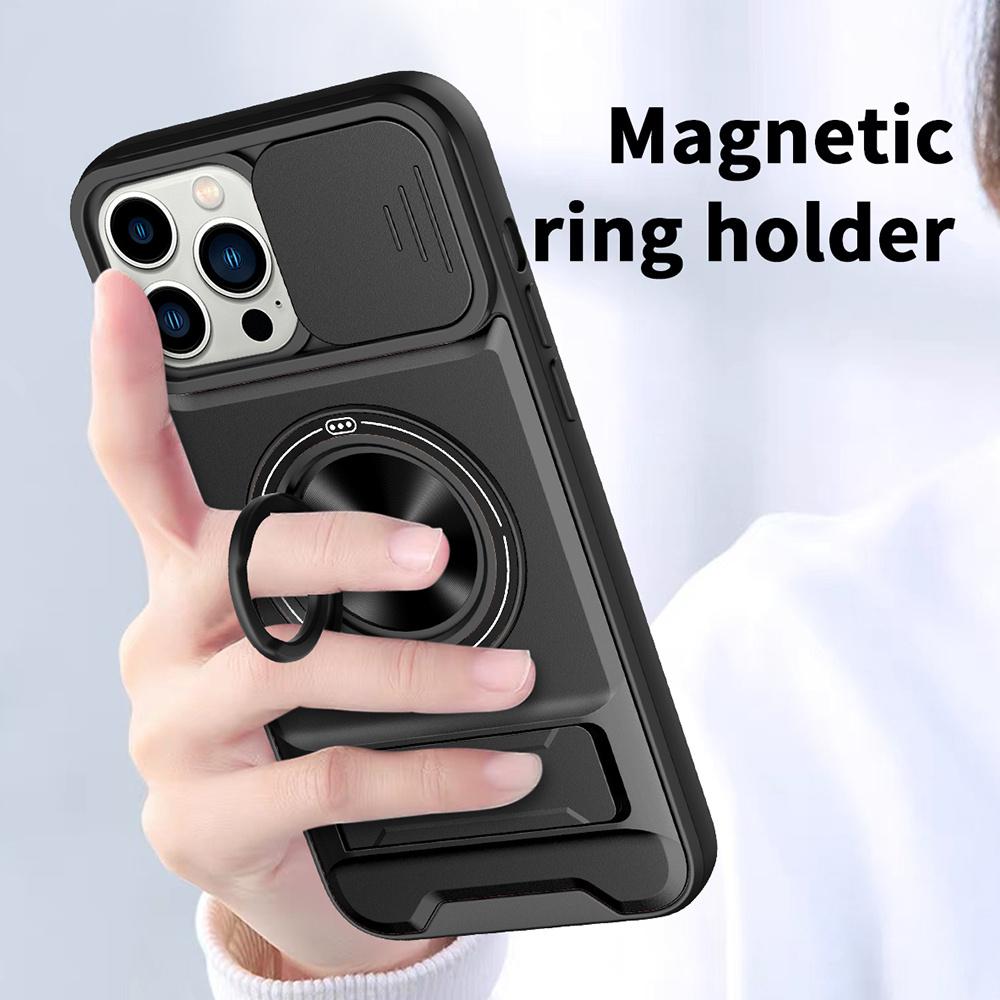 For iPhone 13 Pro Case Compatible with MagSafe Ring Holder Foldable Kickstand TPU PC Phone Cover with Camera Lens Slider