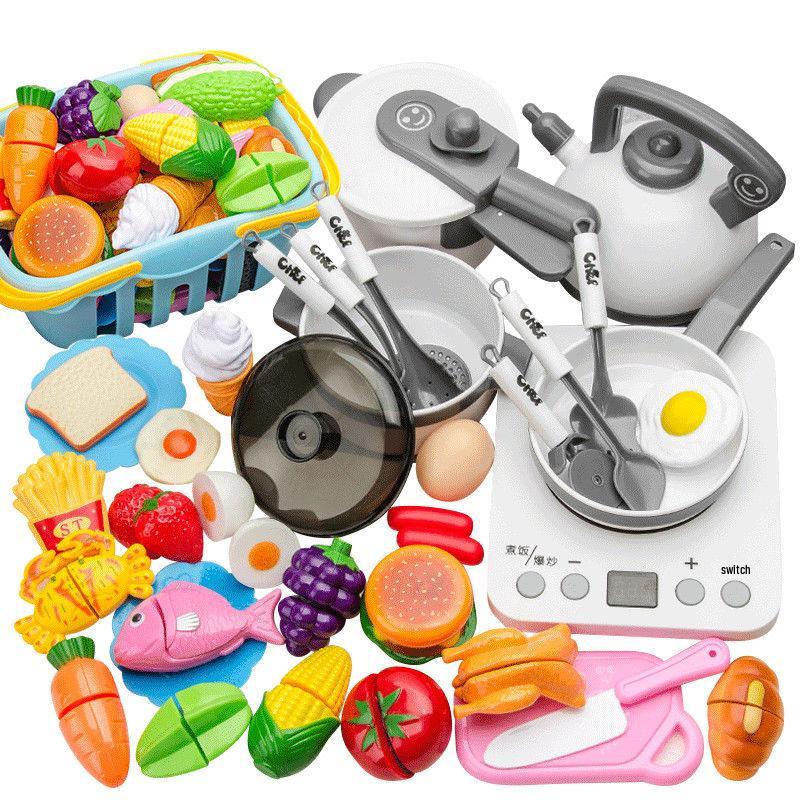 Kids' Pretend Play Kitchen Set: Fruit, Vegetables, Pizza, Cake Cutting Toy