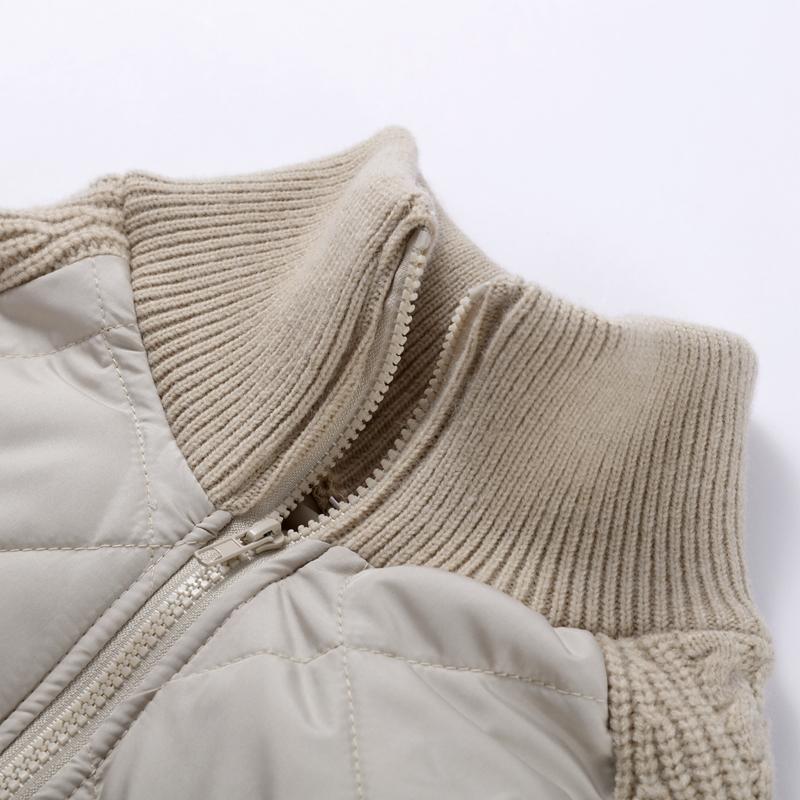 Women's OverSize Loose Cotton Parka Quilting Design Spliced Knitted Long Sleeve Zipper Stand Up Collar Thin Coat Drawstring Hem Overwear Autumn Winter