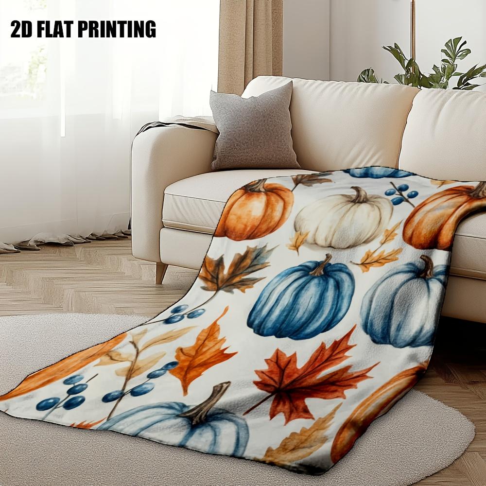 1pc Cozy Autumn Thanksgiving Pumpkin & Fall Leaves Printed Flannel Throw Blanket - Soft Warm All-Season Bedspread with White Bac
