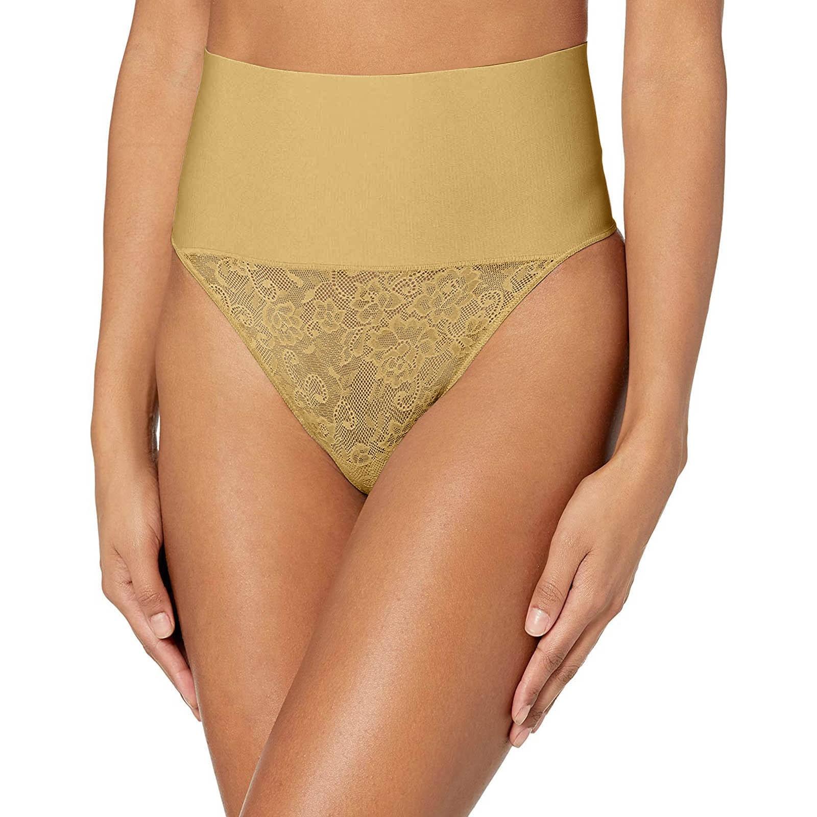 

Женские кружевные стринги, моделирующие животик, с крутыми комфортными трусиками с высокой талией S бежевый