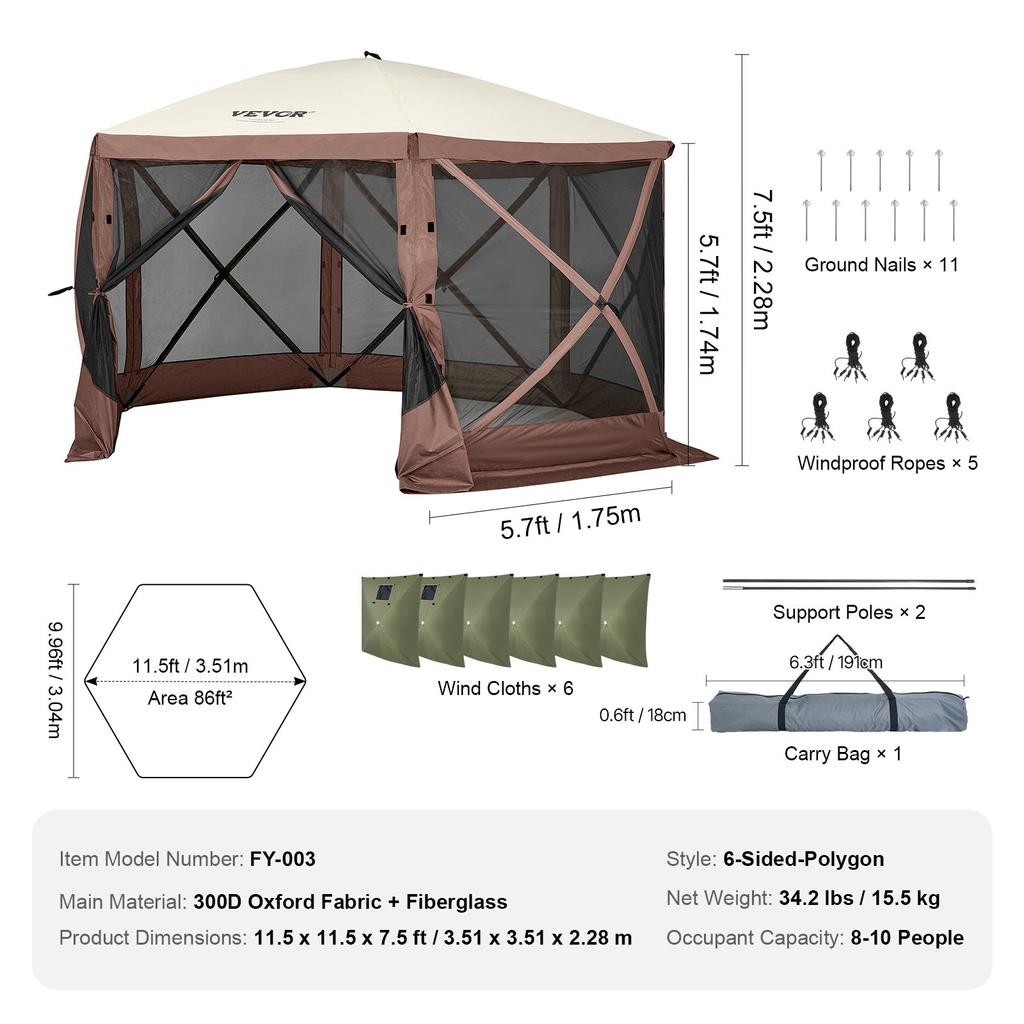 VEVOR Pop Up Gazebo Tent, Pop-Up Screen Tent 6 Sided Canopy Sun Shelter with 6 Removable Privacy Wind Cloths & Mesh Windows