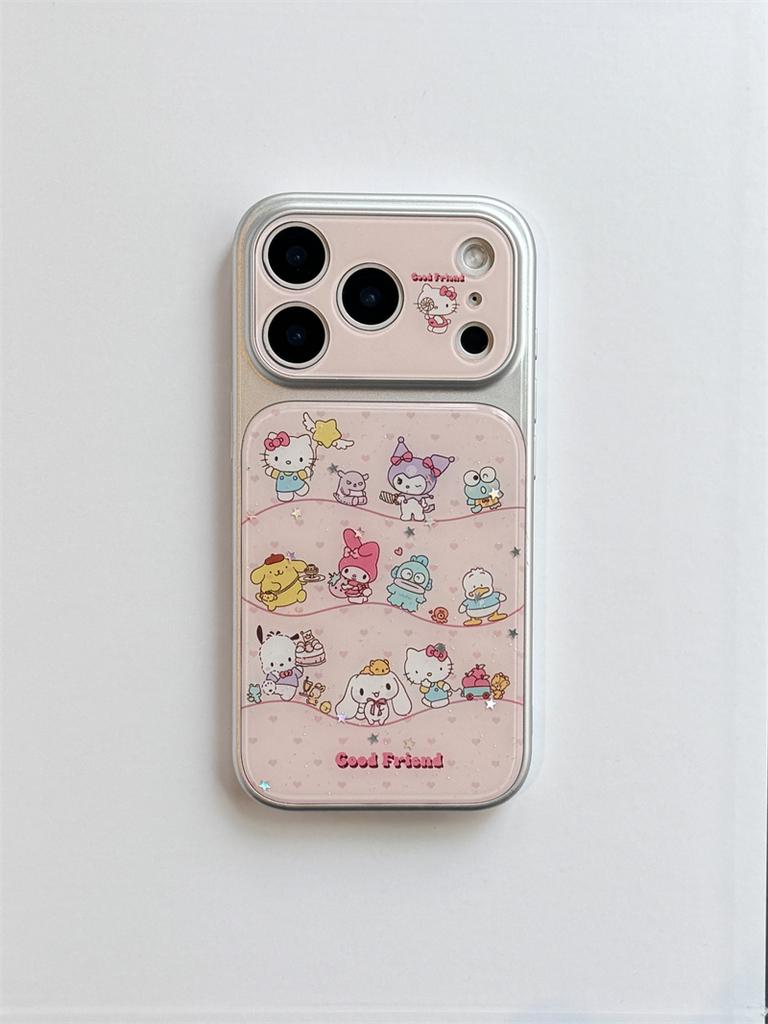Kawaii Characters Hello Kitty Glitter Phone Case For iPhone 15 16 17 Pro Max INS Cute Sweet Style Large Window Shockproof