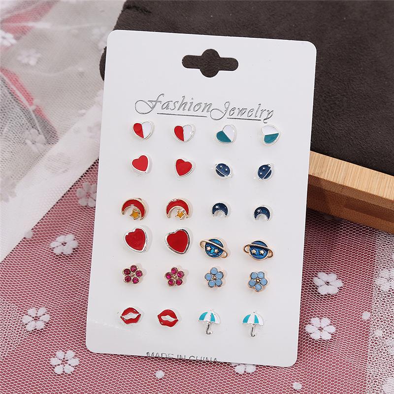 12 Pairs of Cute Stud Earrings: Color-Block Hearts, Universe, Moon, Stars for Women, with Card