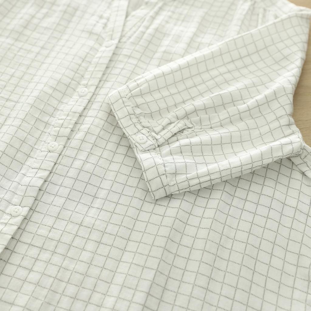 Reine Baumwolle V-Ausschnitt Kariert Damen Kurzarm Doppellagiges Mullhemd