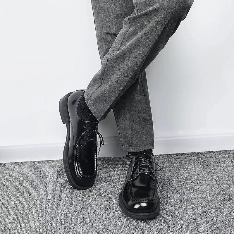 Spring And Autumn New Men'S Handmade Square Head Business Casual Leather Shoes British Dress Leather Breathable Big Head Leather Shoes Wedding Shoes