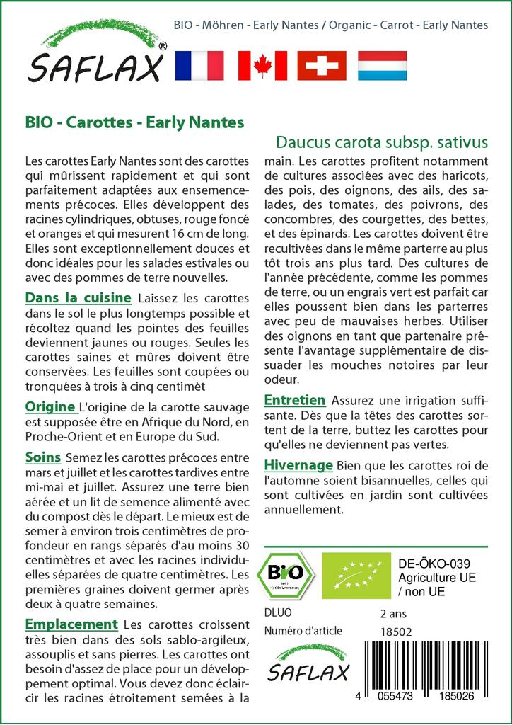 SAFLAX Garden In the Bag - Organic - Carrot - Early Nantes - 1500 Seeds - With Substrate In a Fitting Stand Up Bag - Daucus Carota