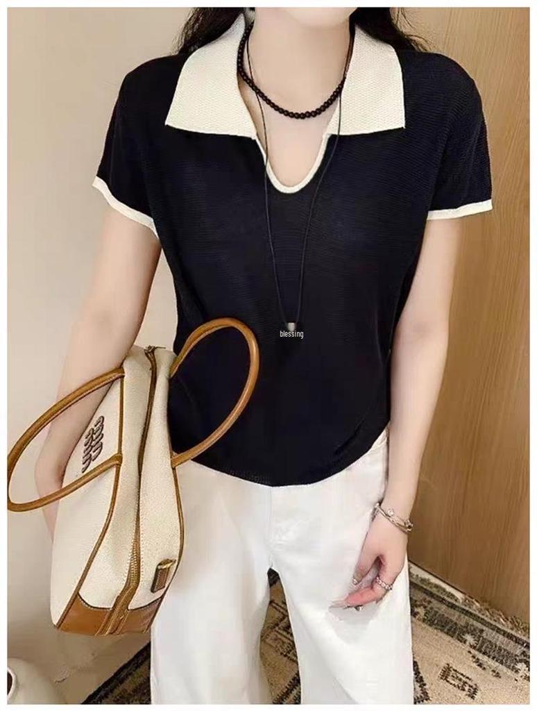 Korean Style Color-Block Polo Collar Knit Cropped T-Shirt