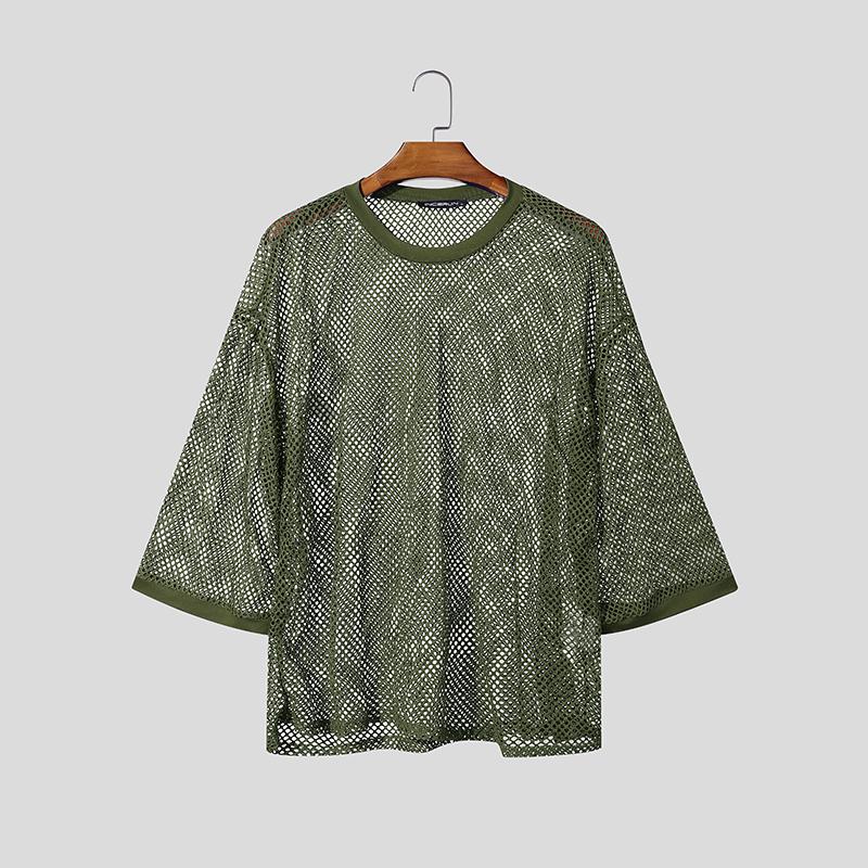 INCERUN Men Round Neck Long Sleeve Hollow Out Tops Mesh Sheer Shirts