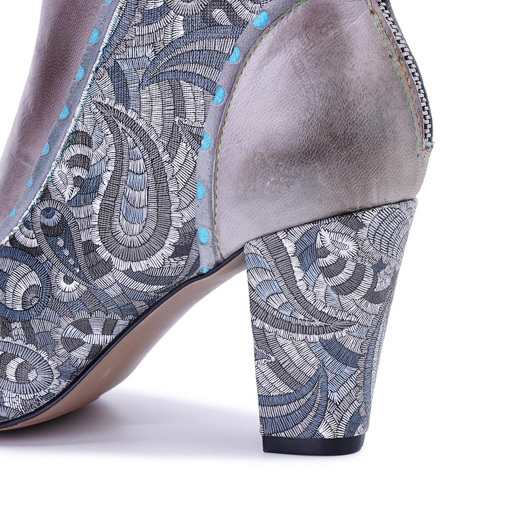 Johnature Women's High Heel Boots Handmade Genuine Leather Splicing Printed Thick Heel Short Boots