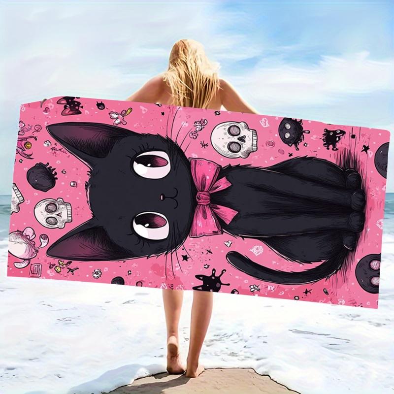 Pink Skull Black Cat Beach Towel - Super Absorbent Quick Dry Microfiber, Gothic Pattern Blanket for Picnic & Outdoor