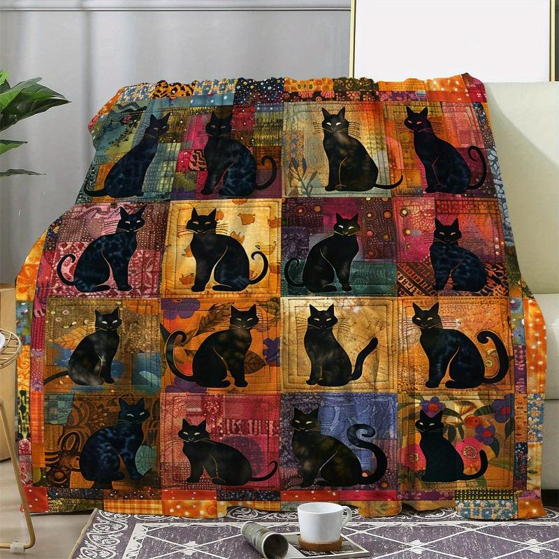 Vintage Style Black Cat Print Flannel Throw Blanket PolComfort for Sofa Bed Car Office Camping Travel Soft Warm Gift Blanket