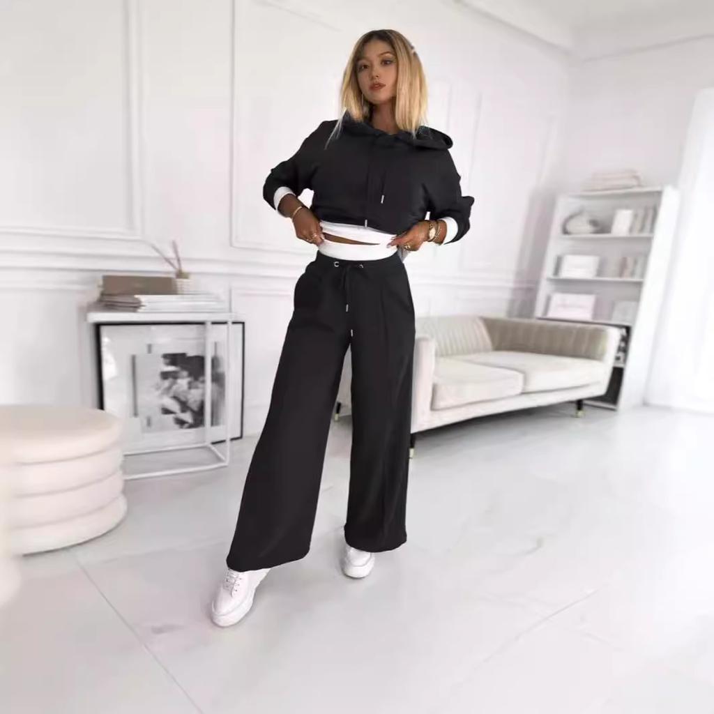 Women's Hooded Cropped Sweatshirt with Wide Leg Lounge Pants Set, Casual Comfort Outfit