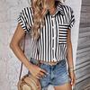 GMXIA Women's Fashion Casual Summer Stripe Print Short Sleeve POLO-Neck Blouses & Shirts