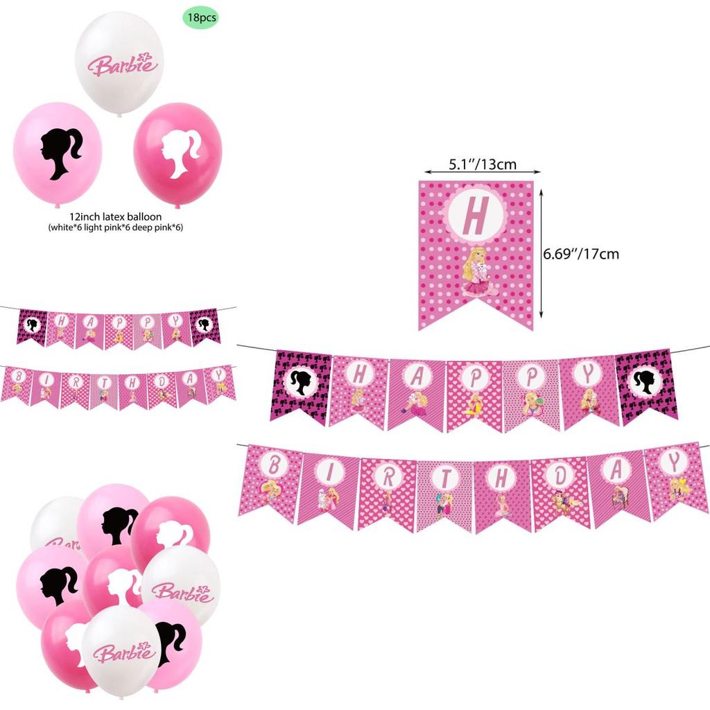 Barbie Doll Themed Purple Birthday Party Decoration Set With Cartoon Flags, Latex Balloons, And Cake Toppers