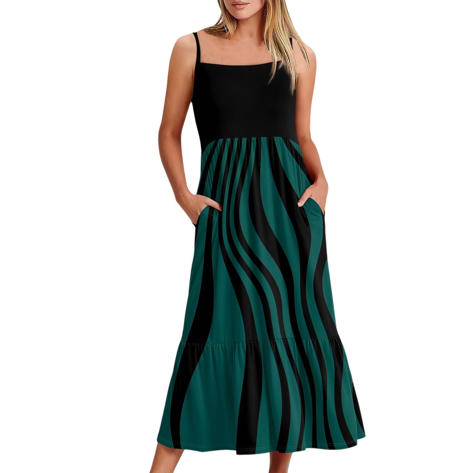 

Women s Long Beach Casual Elegant Spaghetti Strap Maxi Dress Striped Low-key Flowing Bohemian Dress L
