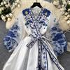 Gorgeous Flower Print Chiffon Lantern Sleeve Splice Bandage Lace Up Wrap Dress Women's Cross V-Neck Thick Satin Boho Party Clothing