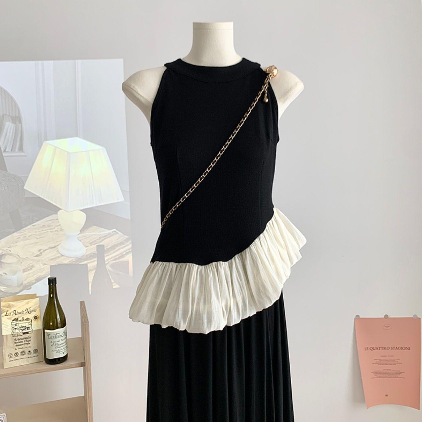 

Chic Irregular Color-Blocked Ruffled Hem Halter Neck Vest for Women S (80-90 jin) чёрный