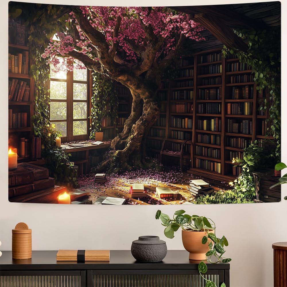 Window Tapestry Forest Window Tapestry Library Tapestries Tree Bookshelf Wall Blanket For For Bedroom Living Room Dorm Decor
